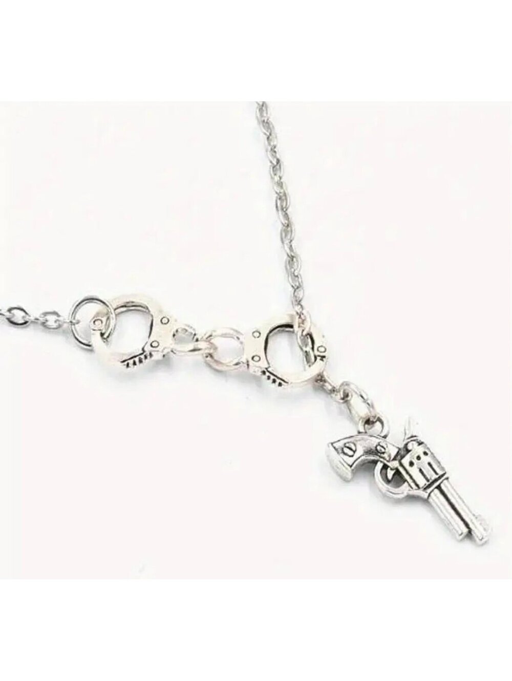 New - Silver Gunmetal Handcuff Charm Necklace